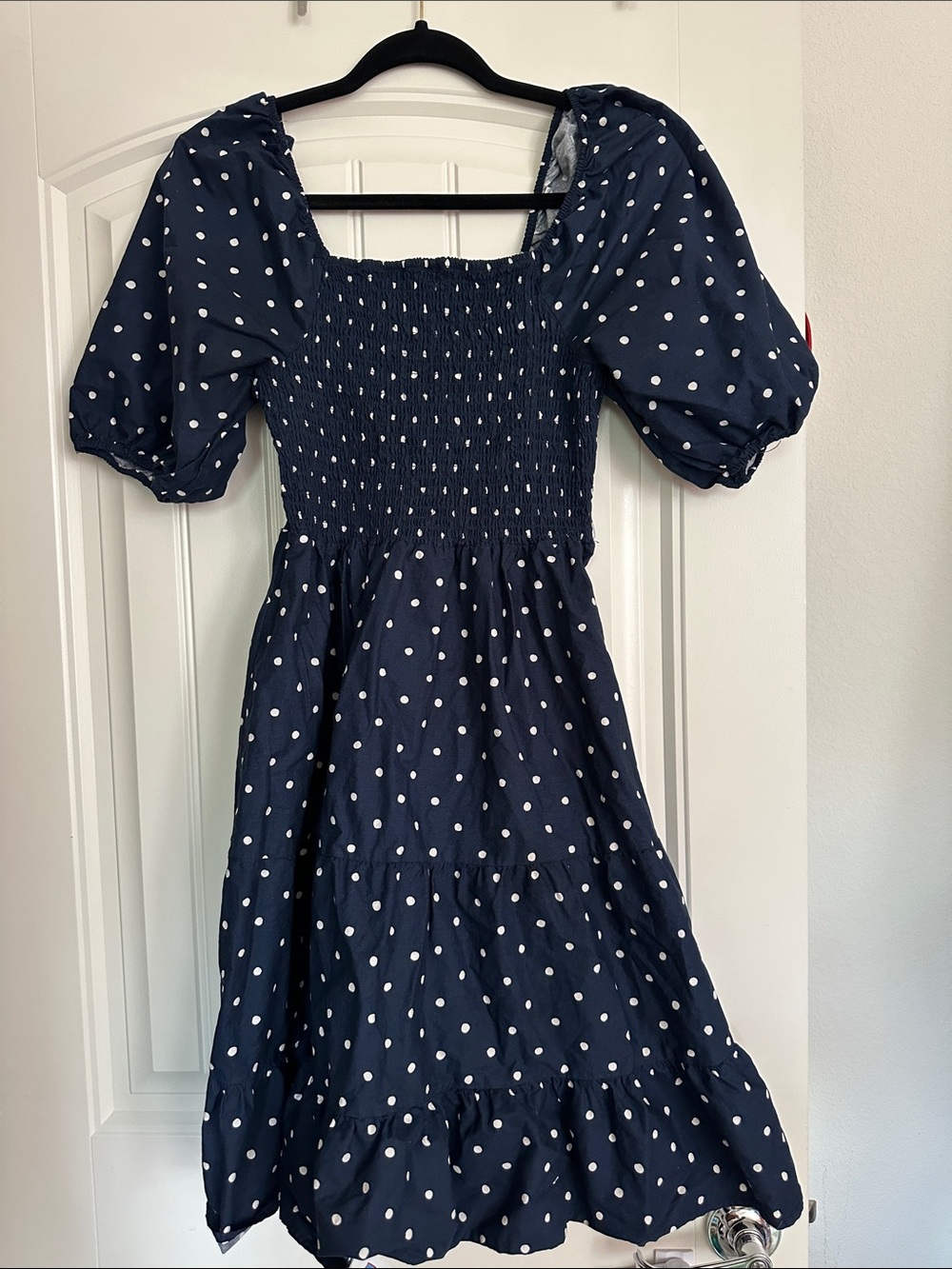 Navy Blue Polka Dot Smocked Dress with Puff Sleeves size xl